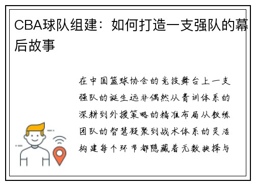 CBA球队组建：如何打造一支强队的幕后故事