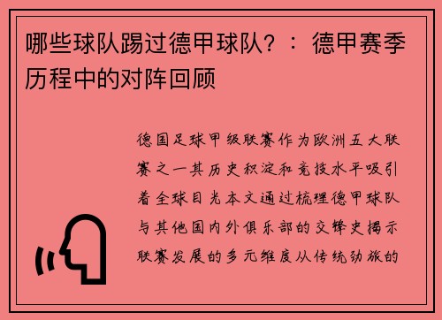 哪些球队踢过德甲球队？：德甲赛季历程中的对阵回顾