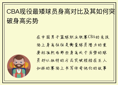 CBA现役最矮球员身高对比及其如何突破身高劣势